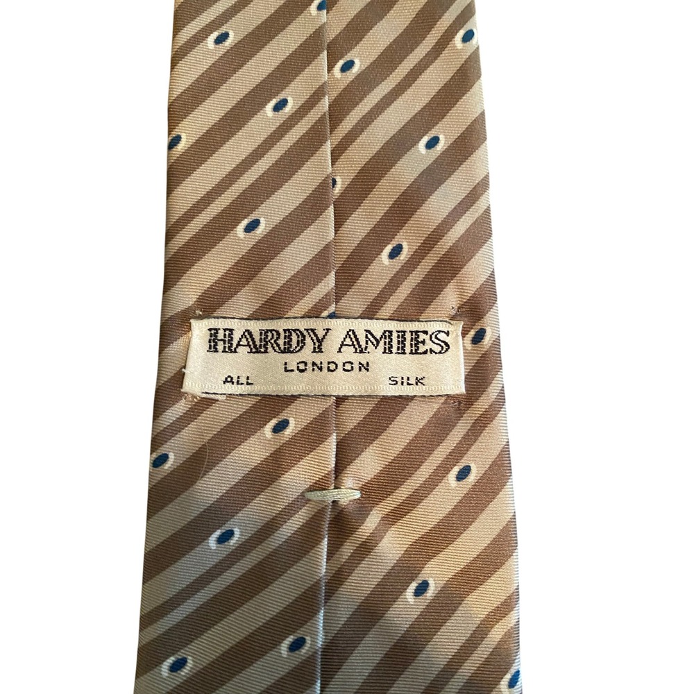 Hardy Amies London Mens Silk Tie Tan Brown Striped Blue Geometric Pattern VTG